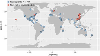Divergence in spatial patterns of leaf stoichiometry between native and non-native plants across coastal wetlands